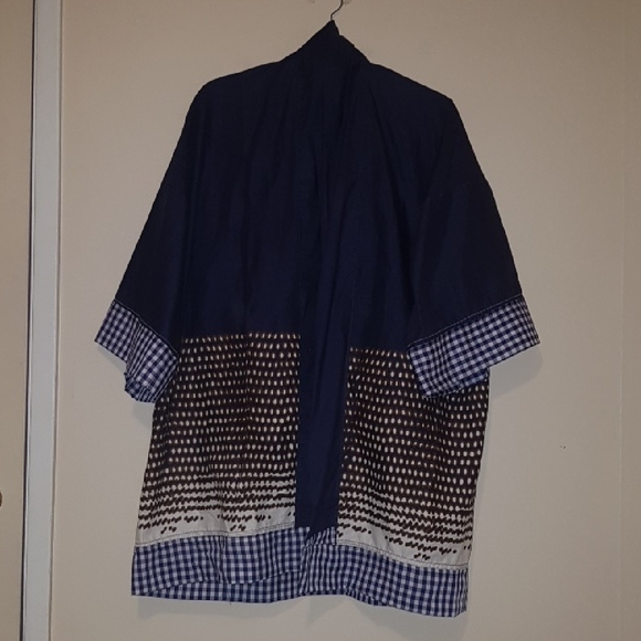 One-of-a-Kind Indigo blue & ivory print Patchwork Kimono | Blue Gingham Trim - Picture 7 of 12